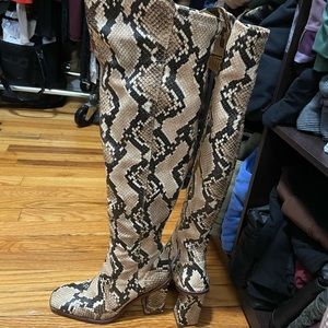 Vince Camuto over the knee snakeprint heeled boots